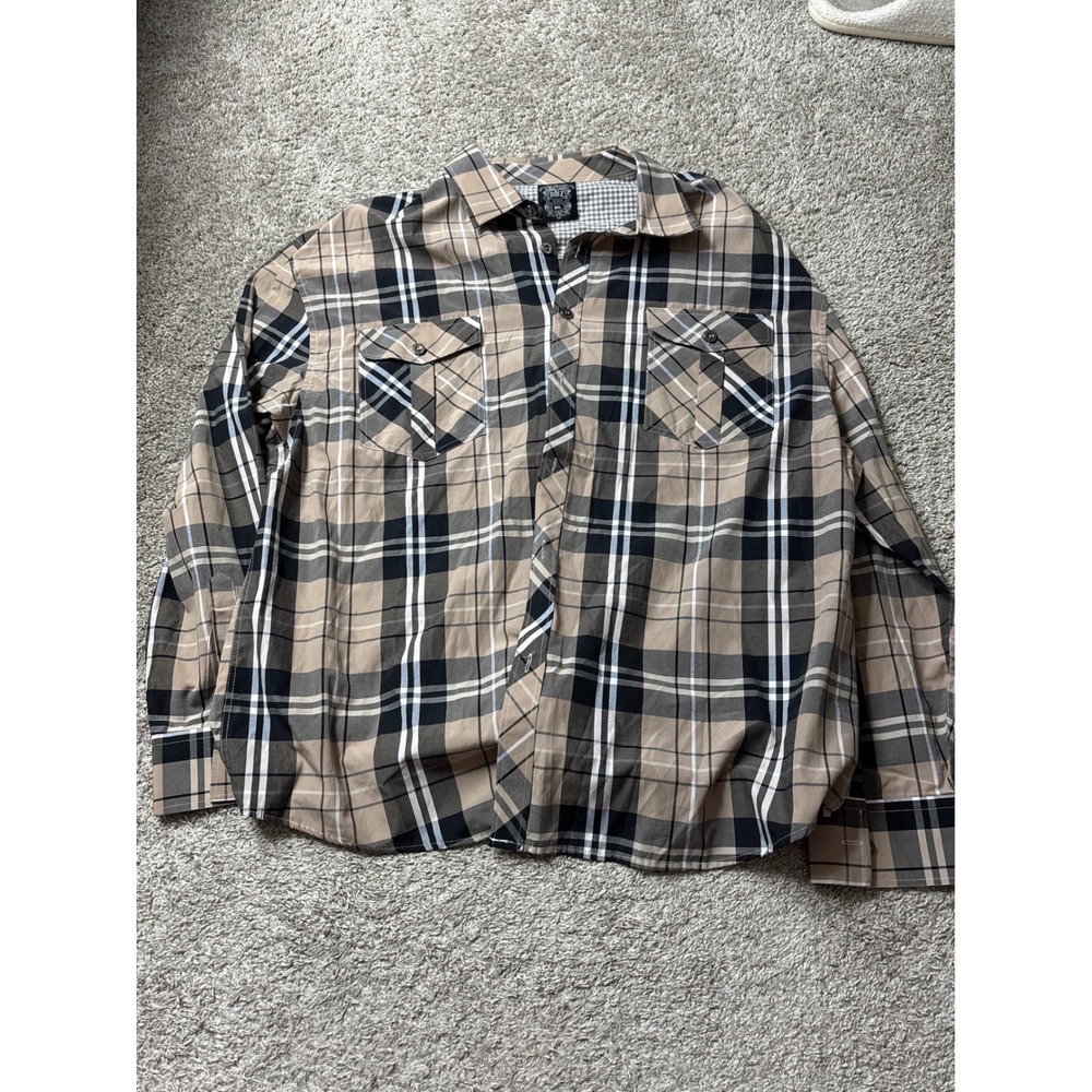 Noiz Mens 6XL Plaid Button Down Shirt Tan Black Long Sleeve Dual Pocket Cotton